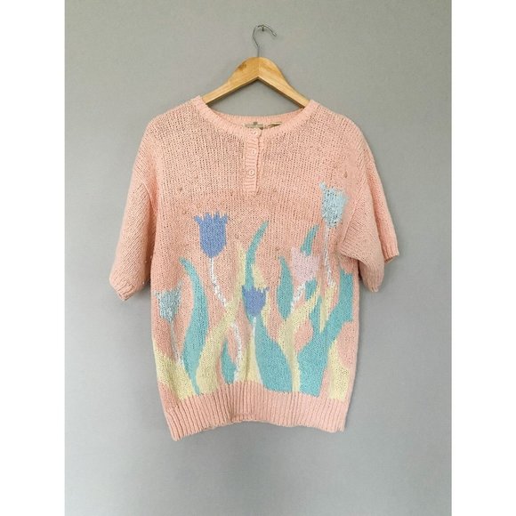 Vintage Acrylic Pastel Sweater Womens Large Fairy Kei 90s flower print - Picture 1 of 8